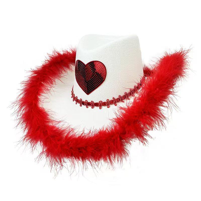 Rhinestone Love Heart Women Glitter Cowboy Hat Fur-edged Cowgirl Hats Women Funny Performance Costume Cosplay Hat for Wedding