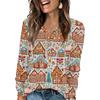 Women's Fashion V-Neck Button-Up T-Shirt With Christmas Print Long-Sleeved Top
