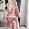 Golden Velvet Pajamas Women's Autumn and Winter Senior Sense with Chest Pads Three-piece Set, Spring and Autumn Sexy Lace Suspender Nightgown Set
