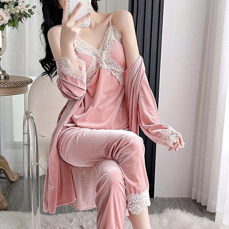 Golden Velvet Pajamas Women's Autumn and Winter Senior Sense with Chest Pads Three-piece Set, Spring and Autumn Sexy Lace Suspender Nightgown Set