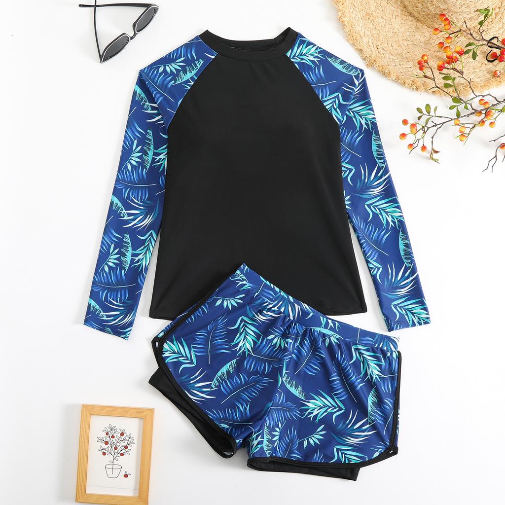 Vintage Black Leaves Print Two Piece Swimsuit Women Long Sleeve Sports T Shirts High Waist Swimwear Beach Surf Bathing Suit
