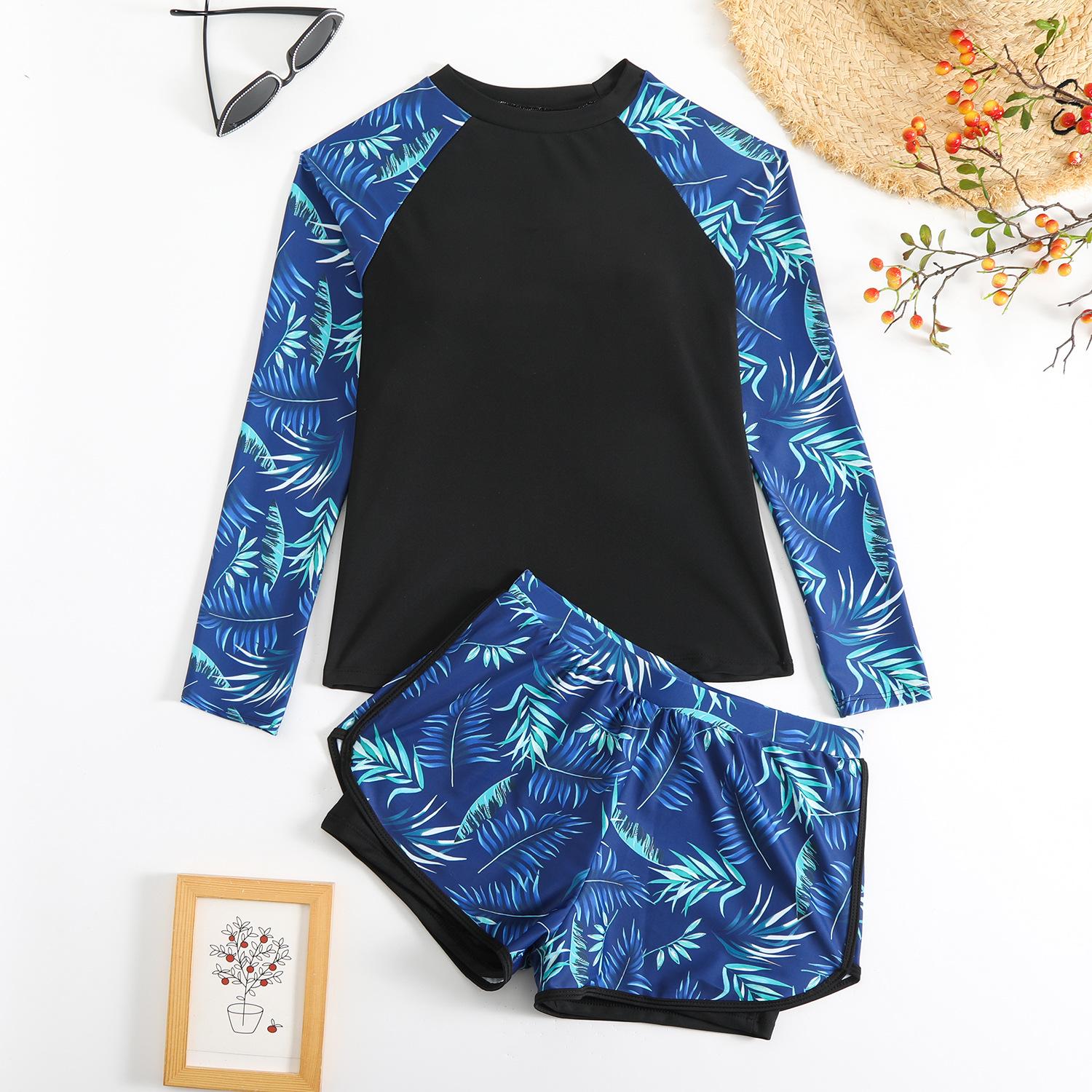

Vintage Black Leaves Print Two Piece Swimsuit Women Long Sleeve Sports T Shirts High Waist Swimwear Beach Surf Bathing Suit XS
