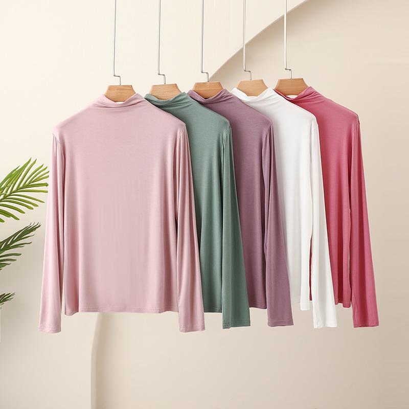 Women's Modal Black Semi-High Neck Slimming Long Sleeve T-Shirt for Autumn Winter Wear