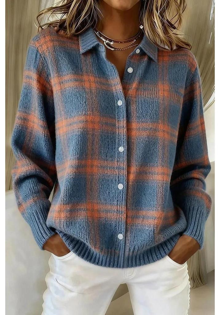 Women's Casual Plaid Long Sleeve Lapel Cardigan Sweater