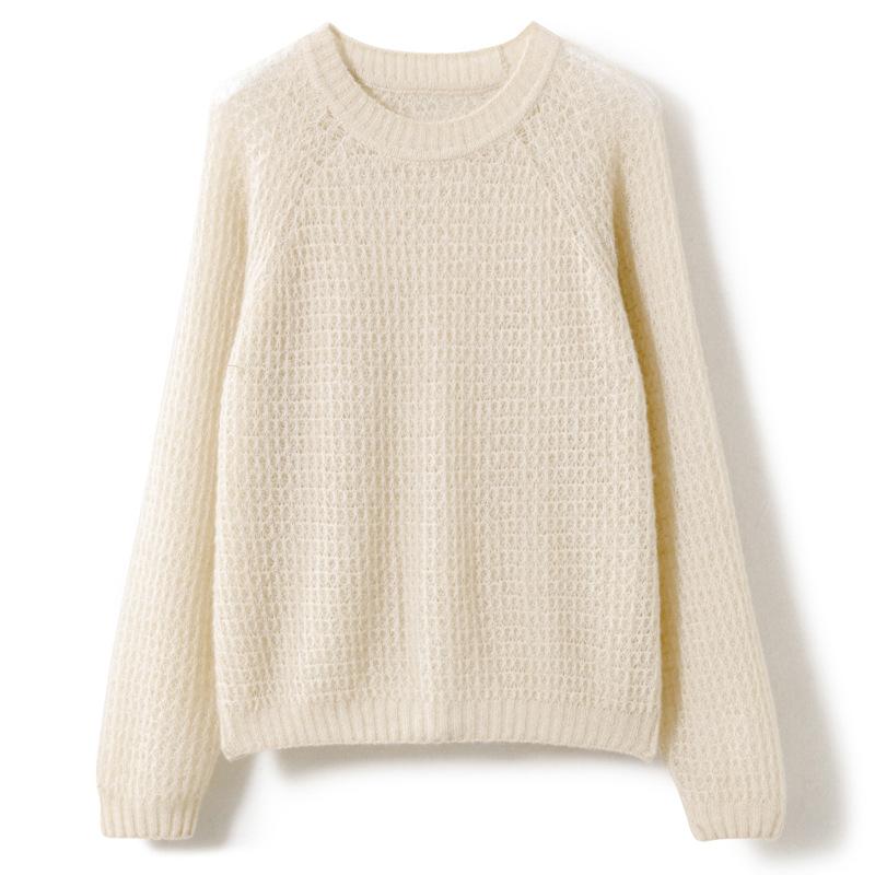 Round Neck Hollow Cashmere Sweater Spring and Autumn New Loose Versatile Pullover Top Rasp Shoulder Sleeves Casual Lazy
