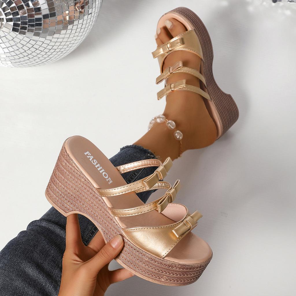 2025 Summer Plus Size Women's Round Toe Platform Wedges Sandals Outdoor Casual Butterfly-knot Slippers for Daily Weave Slippers
