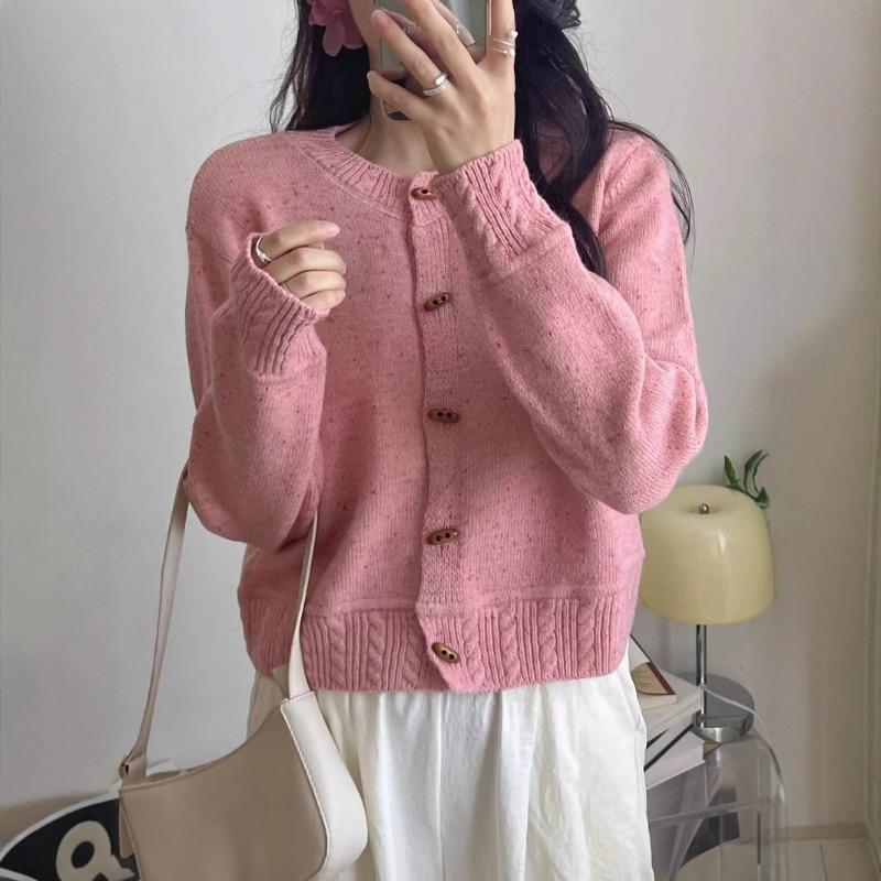 Autumn new round neck flower dot knitted cardigan loose and thin design short sweater women's coat