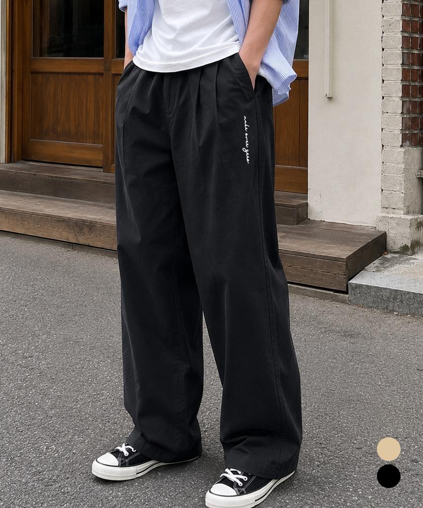 MOZMOZ Double-Pleat Wide Lettering Cotton Pants 2 Colors