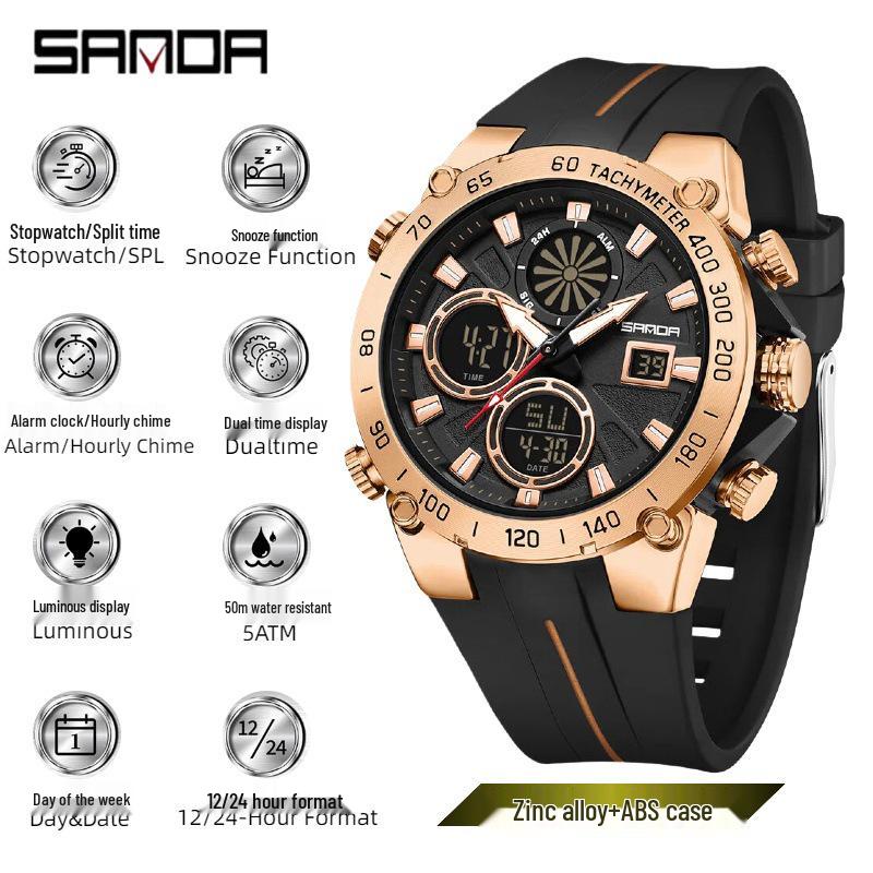 Sanda Youth Dual Display Sports Watch: Luminous, Waterproof, Alarm, Fashionable Commute Timer