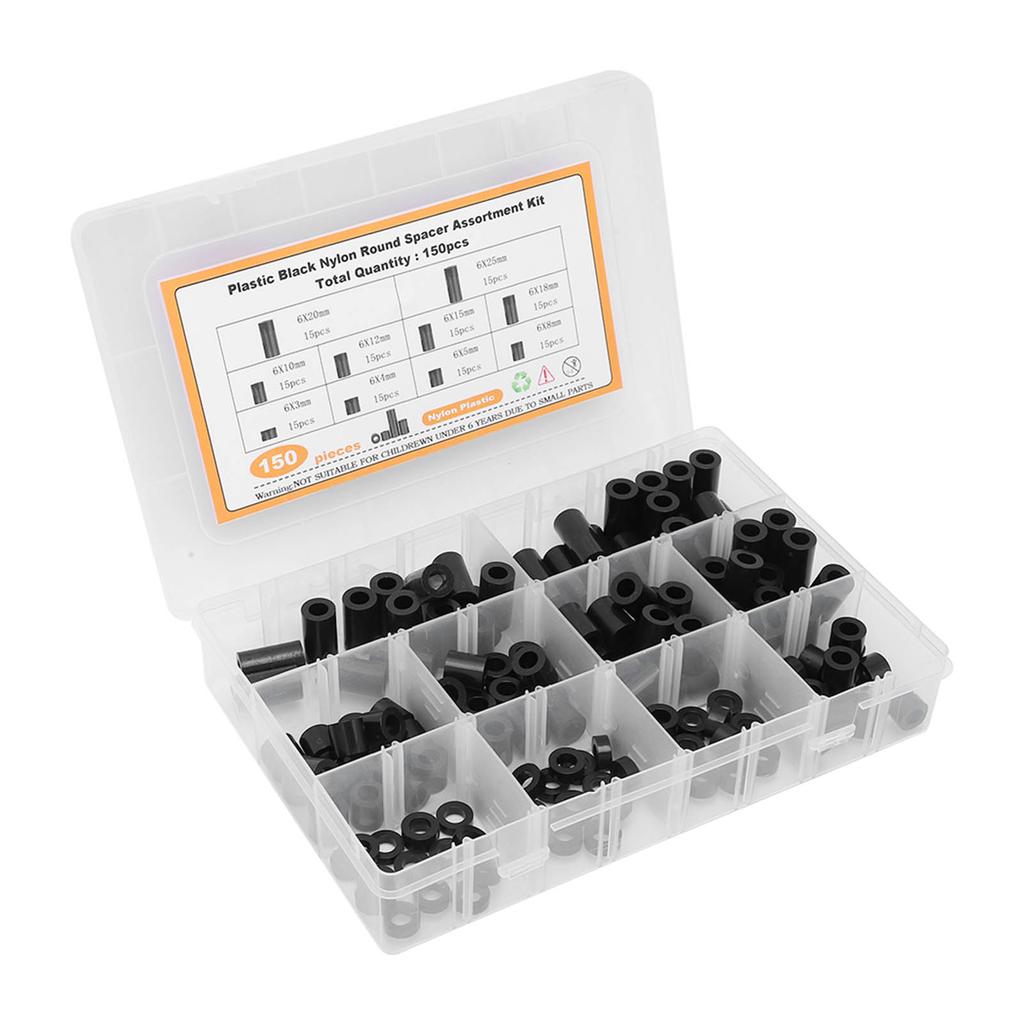150Pcs Nylon Spacers Assortment Round Plastic for Screws Hardware Standoff Kit Black