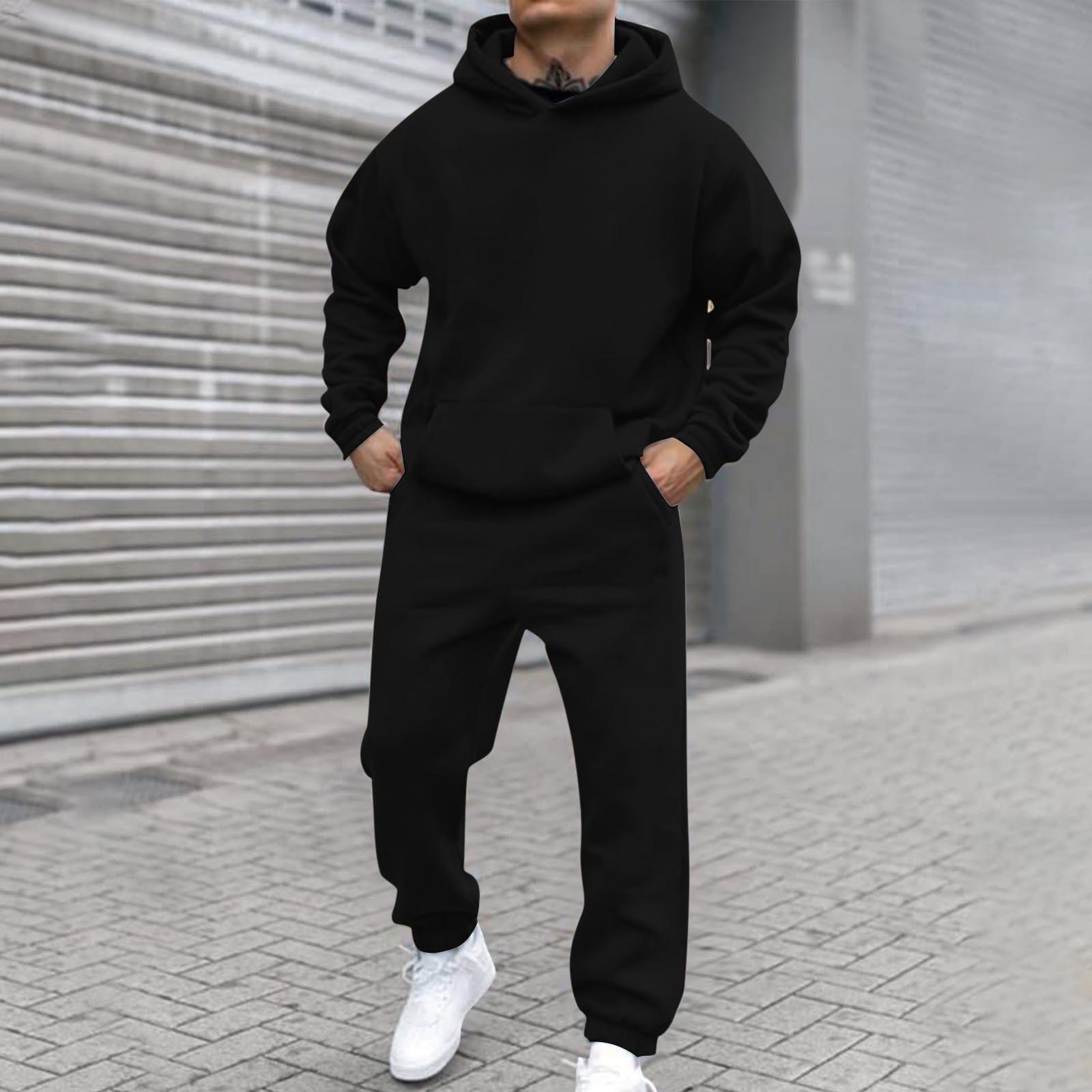 

Men s Solid Colour Hooded Long Sleeve Sweatshirt Home Trousers Running Suit XXL чорний