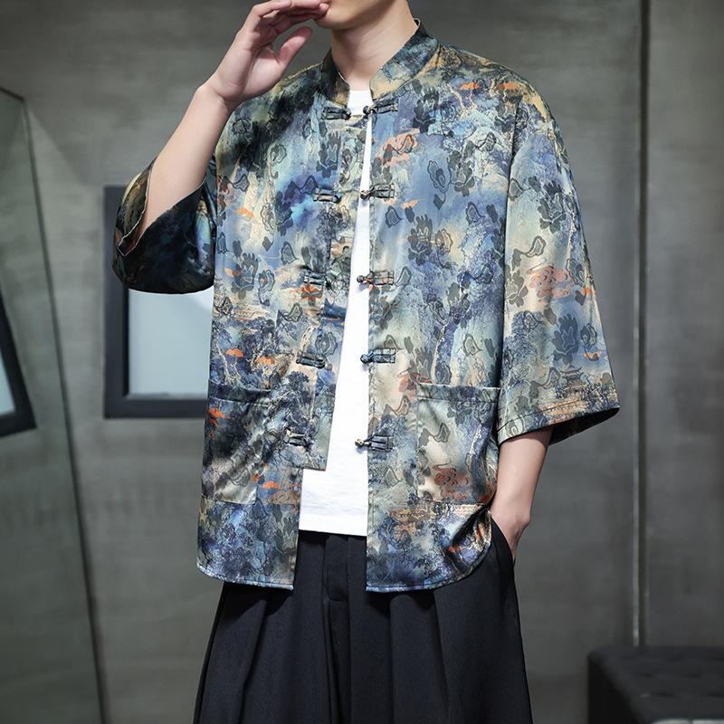 Chinese style ice silk seven-quarter-sleeved shirt men's Tang suit buckle Hanfu large size printed short-sleeved shirt ethnic style