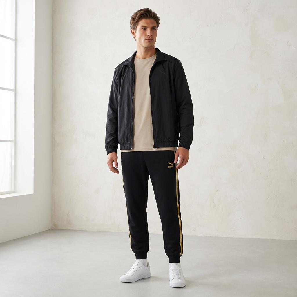 Puma Colorblock Locker Fit Tapered Retro Strick-Laufhose Herren Unterteile Schwarz 62582301