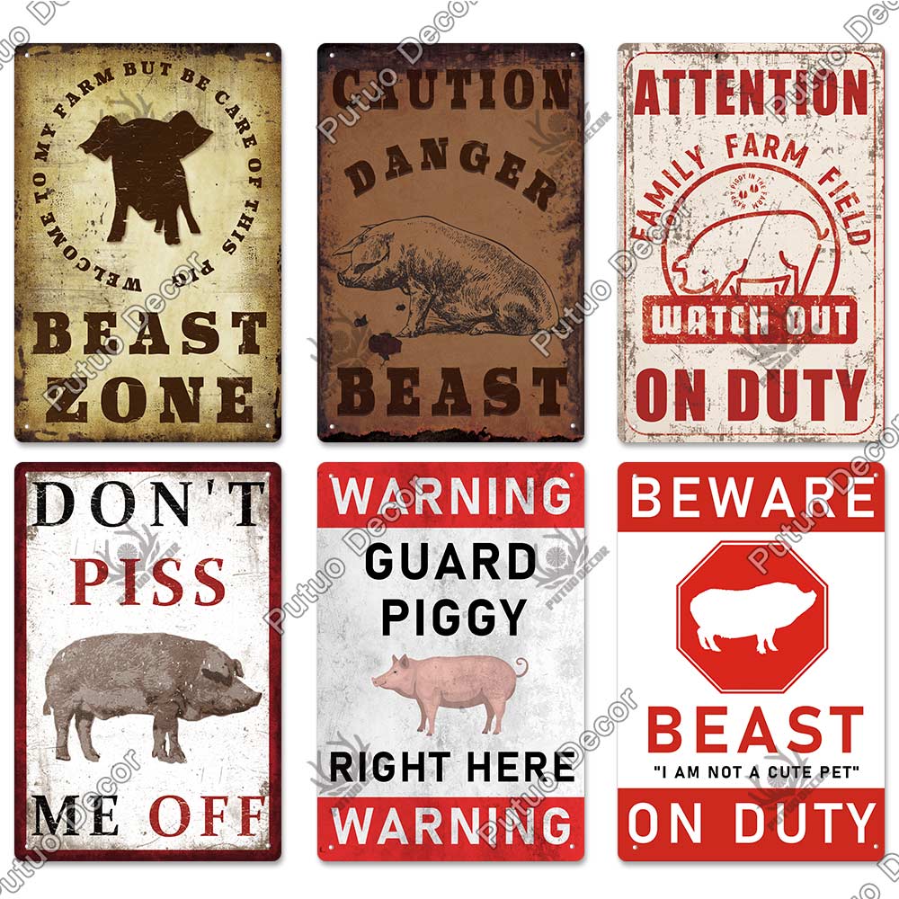 Putuo Decor Warning Tin Sign Vintage Metal Sign Pig Caution Plate Warning Decorative for Zoo Piggy Farm House Wall Decor