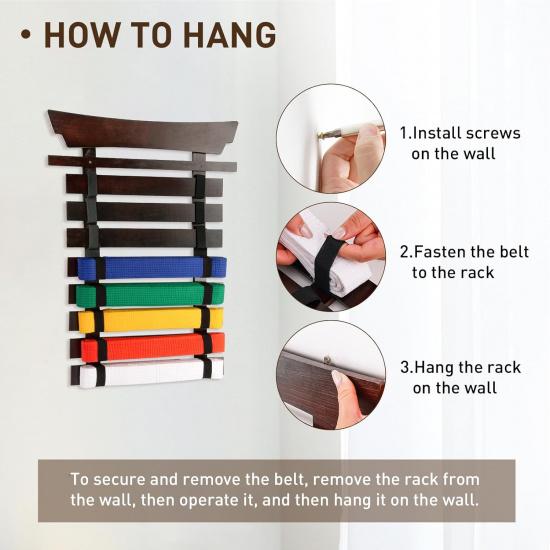 Bamboo/Wood Karate Belt Display Rack, 8 Belt Taekwondo Belt Display with Stickers, Martial Arts Belt Display Holder, Jiu Jitsu BJJ Belt Display