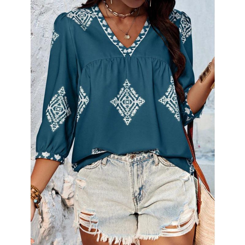 Women's Shirt Summer Fashion Printed Seven Sleeve V-Neck Top