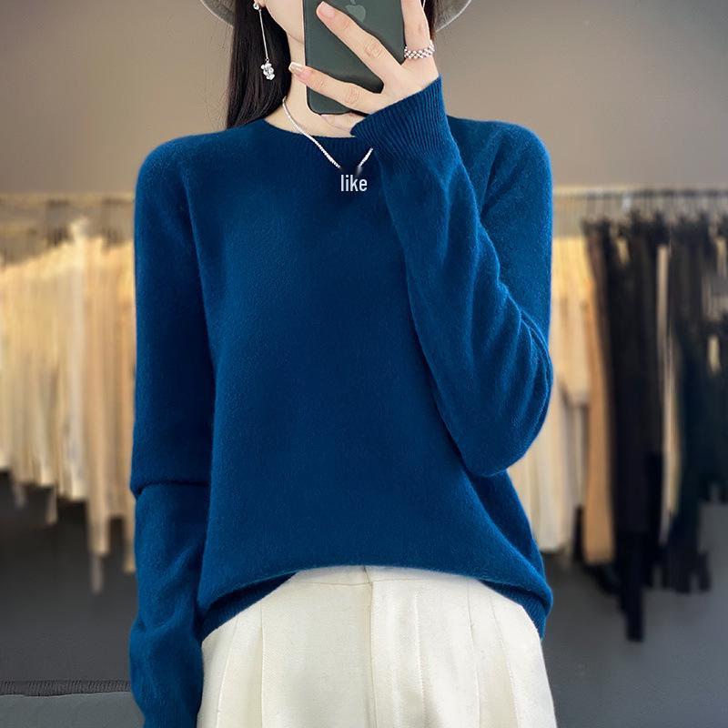 Women's 100% Pure Wool Versatile Round Neck Loose Sweater - Solid Color Knitwear