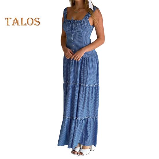 

Женское платье макси без рукавов в клетку в клетку с круглым вырезом, длинное платье со сборками, сарафан А-силуэта с рюшами и бретелями, струящийся S синий