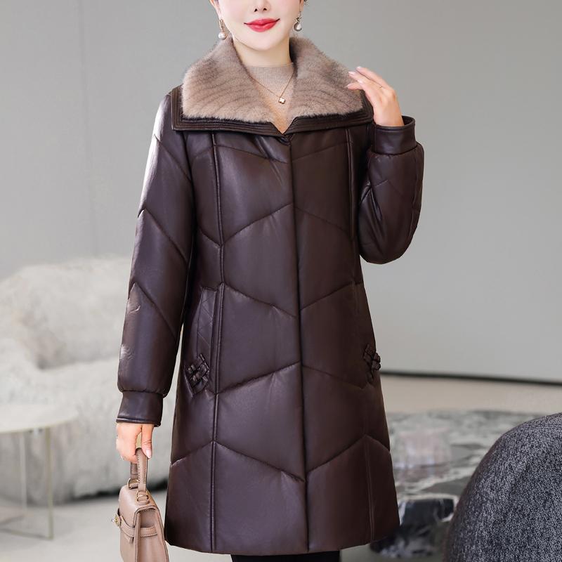 Middle Age Woman Winter Long Faux Sheepskin Coats Fur Collar Elegant Thick Warm Winter Parkas Female Leather Jacket