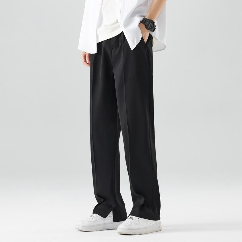 Summer Casual Pants Men Breathable Polyester Korean Fashion Semi-Wide Banded Waist Slacks Straight Loose Drape Trousers