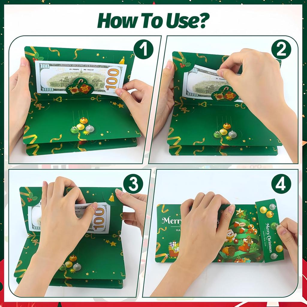 Świąteczne etui na pieniądze, etui na karty podarunkowe na Boże Narodzenie z 10 przegródkami, prezent świąteczny dla mężczyzn, kobiet, dziewcząt, chłopców, koperty na pieniądze-niespodzianki, zielone