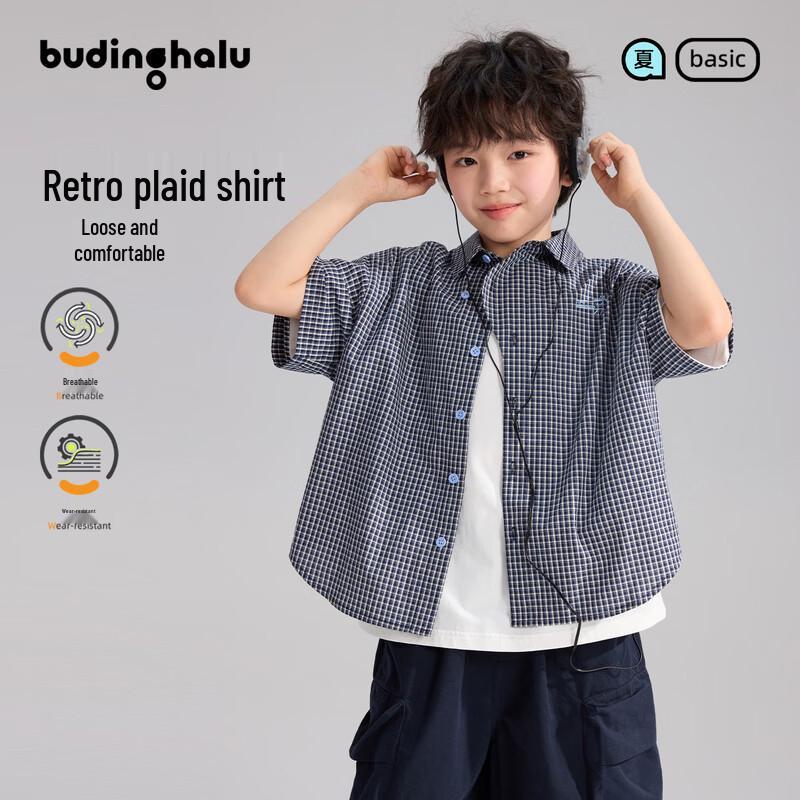 Pudding Haru Boys  Retro Plaid Short Sleeve Shirt 140