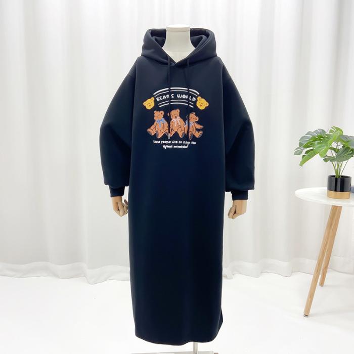 

YYFS Женская мода Осень Зима Длинный рукав С капюшоном Свободная талия Повседневные платья Size: One Size чёрный