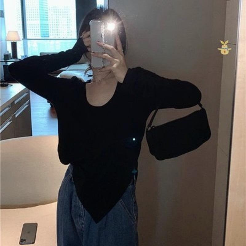 

Summer Women s Solid Color Base Shirt Sexy Irregular Long-sleeved T-shirt for Women Slim Korean Casual Tops for Women 2XL чорний