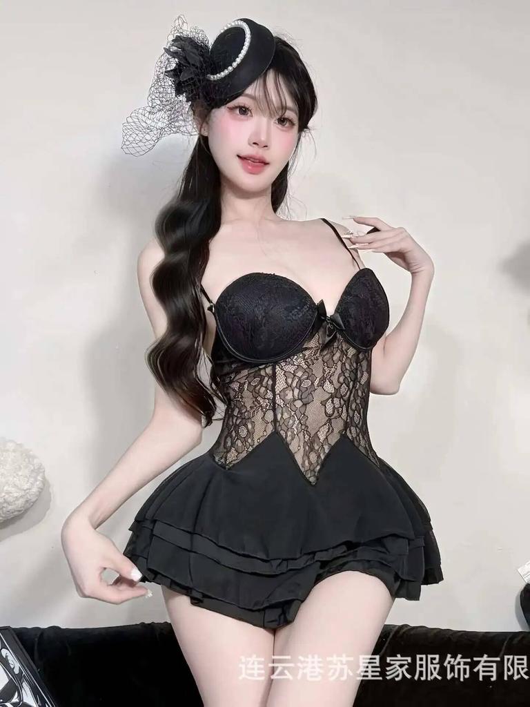 Sexy Lingerie Plus Size Sexy Deep V Lace Transparent Backless Deep V Suspenders Sleeveless Cake Dress Charming Pure Desire U64P