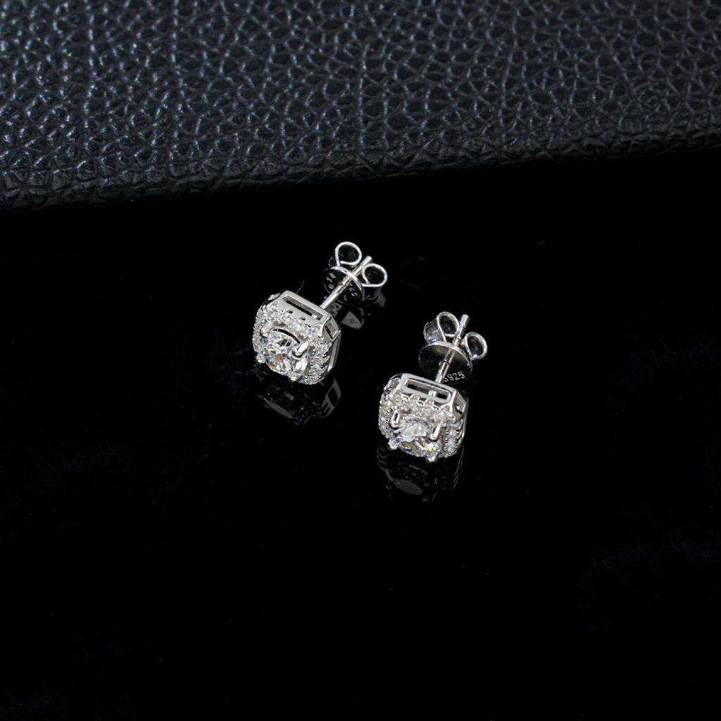 S925 Sterling Silver Zircon Sugar Cube Stud Earrings, Square Pillow Shape, Versatile Daily Silver Jewelry.