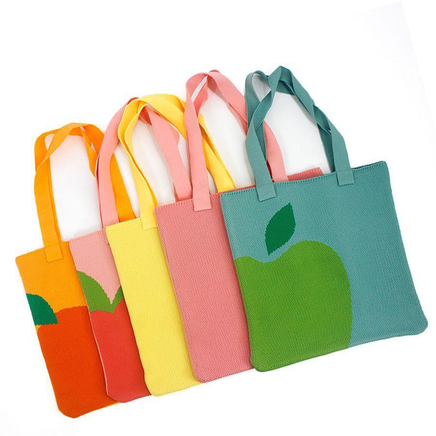 Borsa in Maglia Jacquard Tricolore Frutta Borsa a Spalla Borsa Tote Grande Capacità Borsa ad Uncinetto Donna