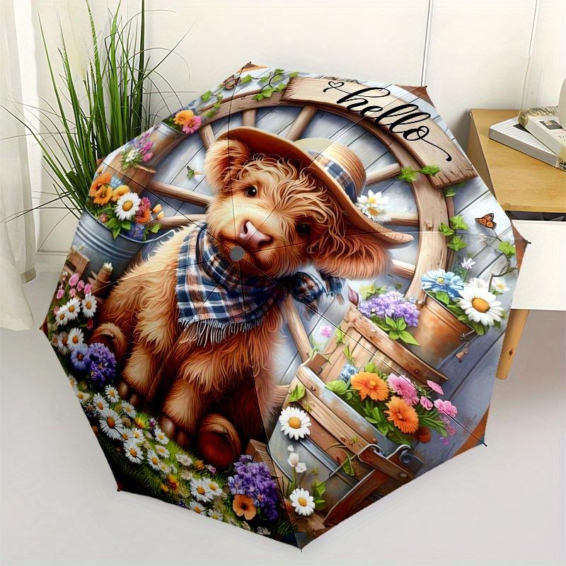 

Highland Cow, Flower Basket Theme 8 Bone Hand Automatic Folding Umbrella, Compact and Portable Design, A Perfect Gift for Birthday, Christma
