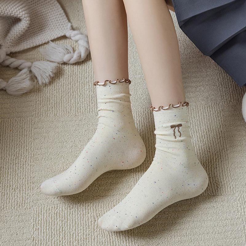 SCIONE Women's Pile Socks Solid Color Cotton Socks Spring and Autumn Yarn Stockings Cute Kapibala Series Ruffled Trim Embroidered Girl Socks