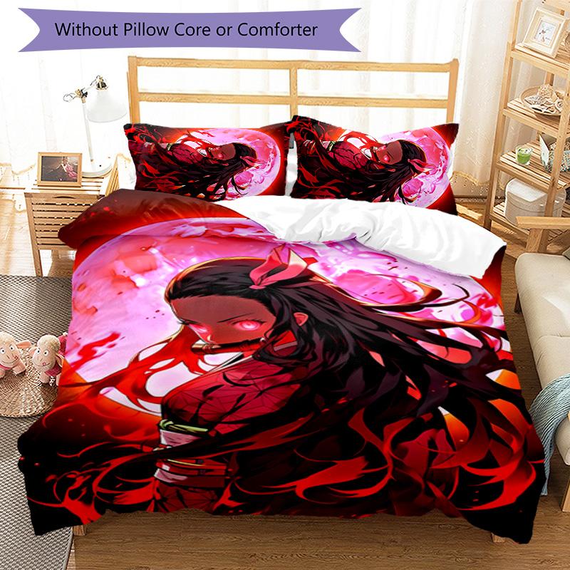 3pcs Demon Slayer Nezuko Pattern Bedding Set Duvet Cover Set Includes Duvet Cover &pillowcases, Perfect All Season Bedroom Decoration & Gift