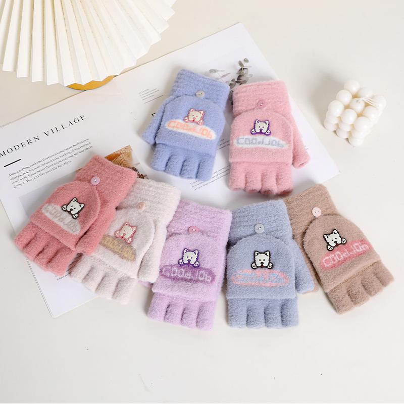 Gloves female winter student flip half finger cute Korean version cartoon warm optional color velvet gloves manufacturer RY
