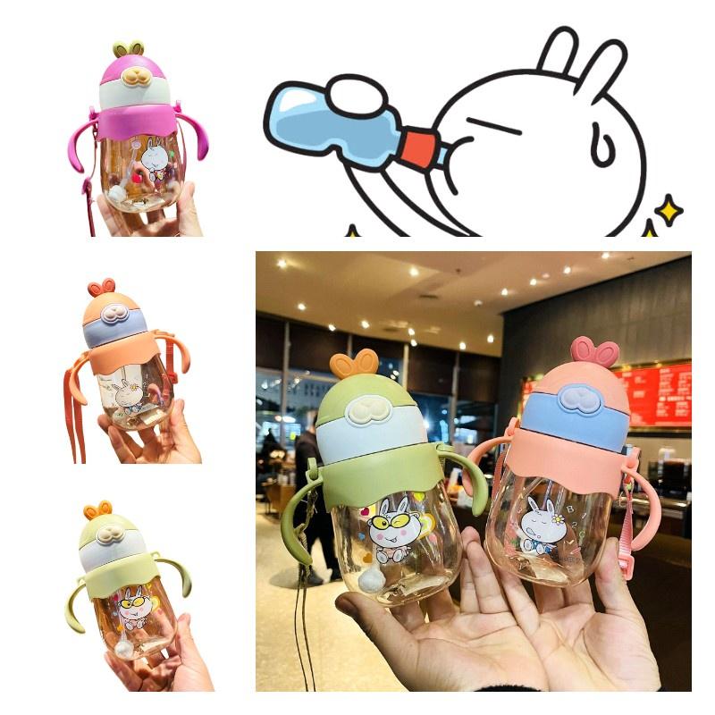 New Children's Straw Cup With Handle And Shoulder Strap Pc Material 450ml Purple/pink/green
