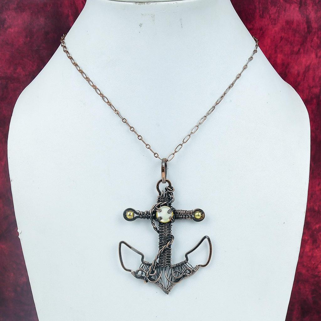 Mother Of Pearl Gemstone Pendant Copper Wire Wrapped Anchor Pendant Handmade Jewelry