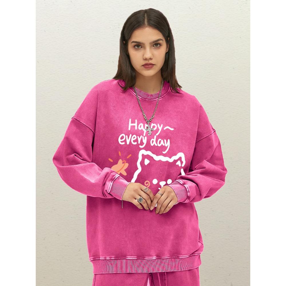 Happy Every Day Cartoon Bear Print Women Washed Sweatshirt Cotton Sportswear O-Neck Autumn Pullovers Loose Clothes