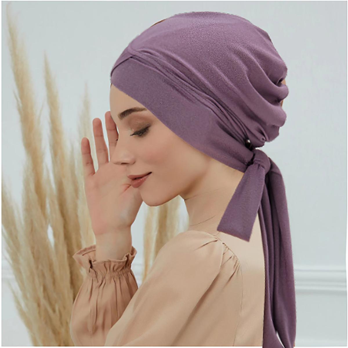 

Crossed Forehead Women s Hijab Solid Color Muslim Ladies Turban Bonnet Long Tail Head Wrap Head Scarf Indian Hats