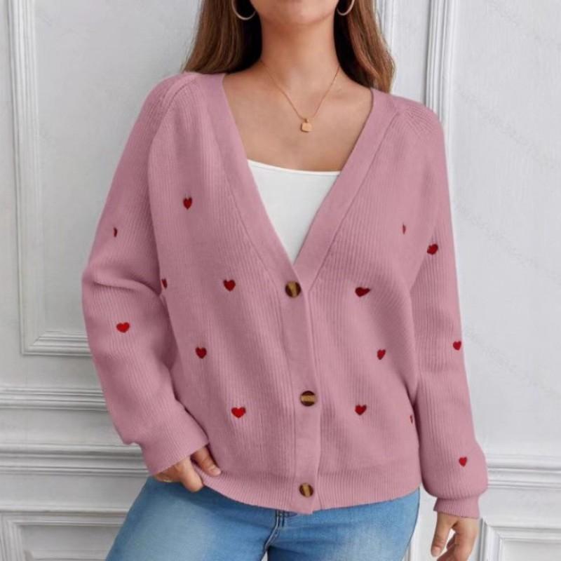 Womens V-Neck Knit Cardigan With Heart Embroidery Winter Lightweight Open Front Sweater