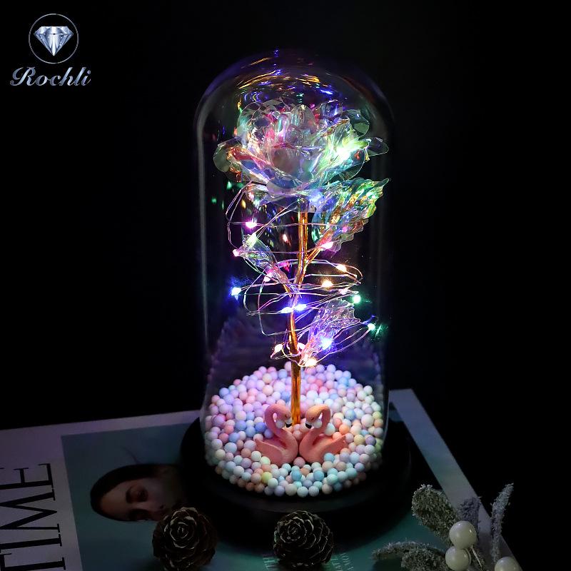 Rose Flower Preserved in Glass Dome with Night Light - Mother's Day or Birthday Gift Ornament