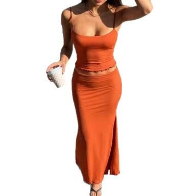 Cross-border Amazon 2026 New European and American Solid Color Camisole Top, Hip-hugging Side-opening Skirt Set, Casual and Fashionable