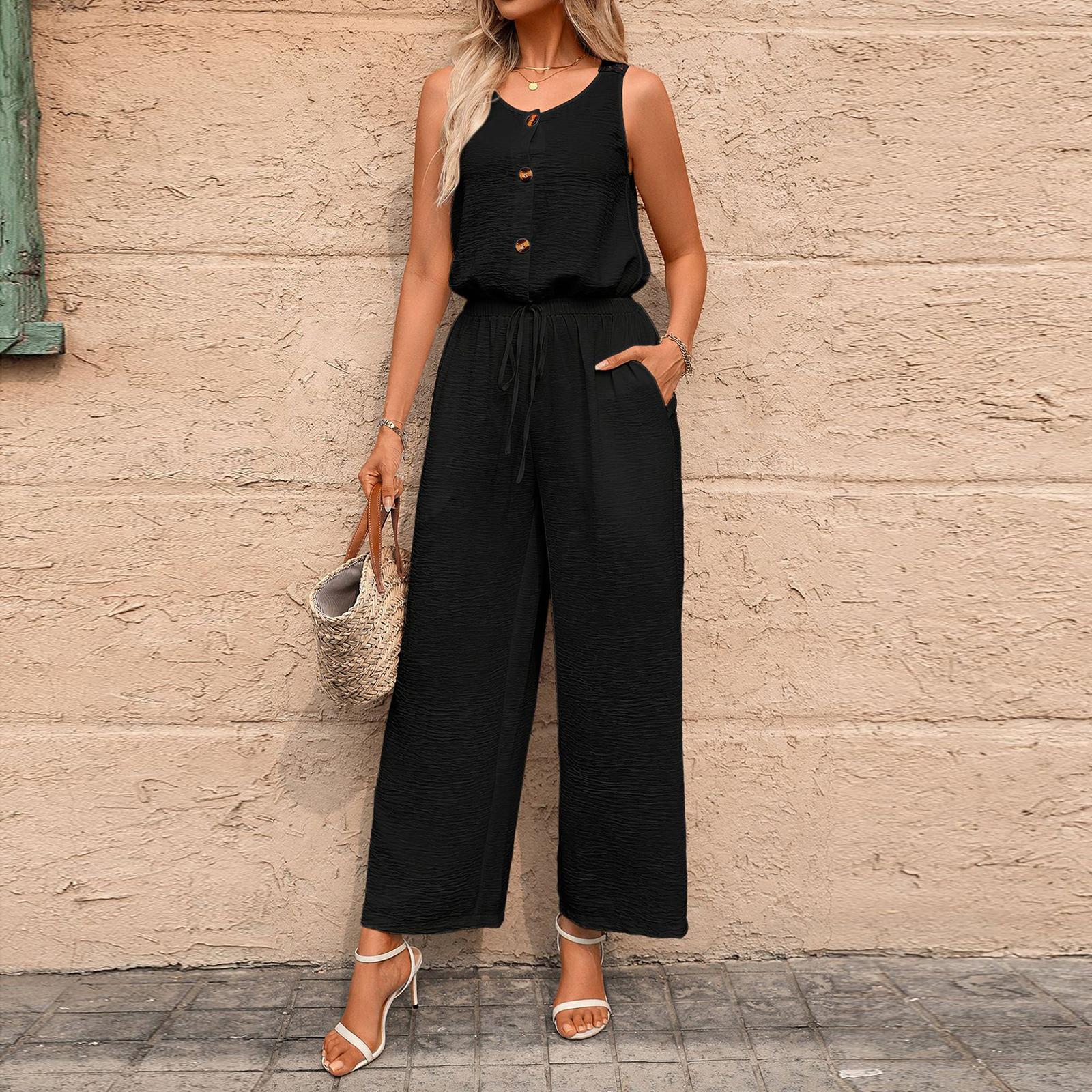 

Women’s Sleeveless Wide Leg Jumpsuit Loose Fit Button Front Drawstring Waist Casual Long Pants Romper Outfit for Summer Spring M