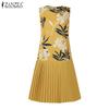 ZANZEA Women Casual Round Neck Sleeveless Print Patchwork Pleated Dress