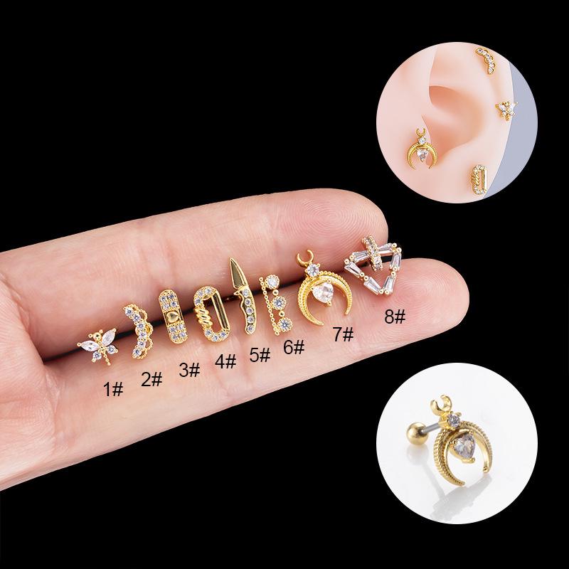 

Dragonfly Crescent Double-Head Zircon Bar Stainless Steel Cartilage Stud 4# серебряный