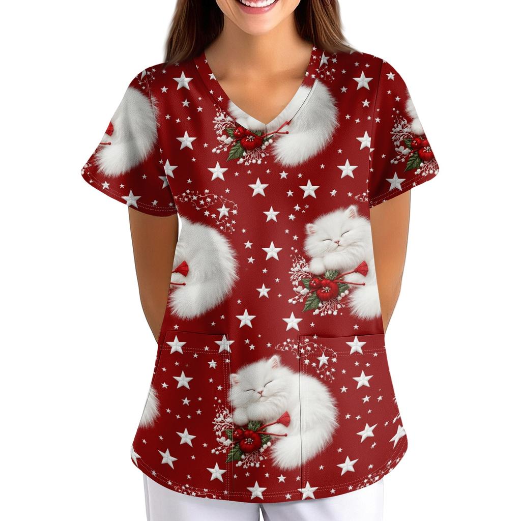 Women's Christmas Print Loose Fit V-Neck Short Sleeve Scrub Top with Pockets for Work