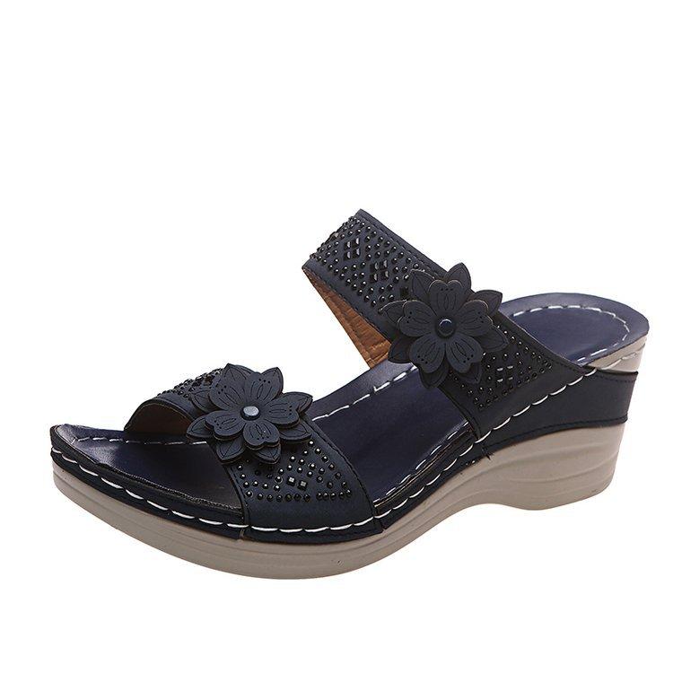 Foreign trade plus size spring and summer new retro casual flower rhinestone wedge one-line women's wedge slippers