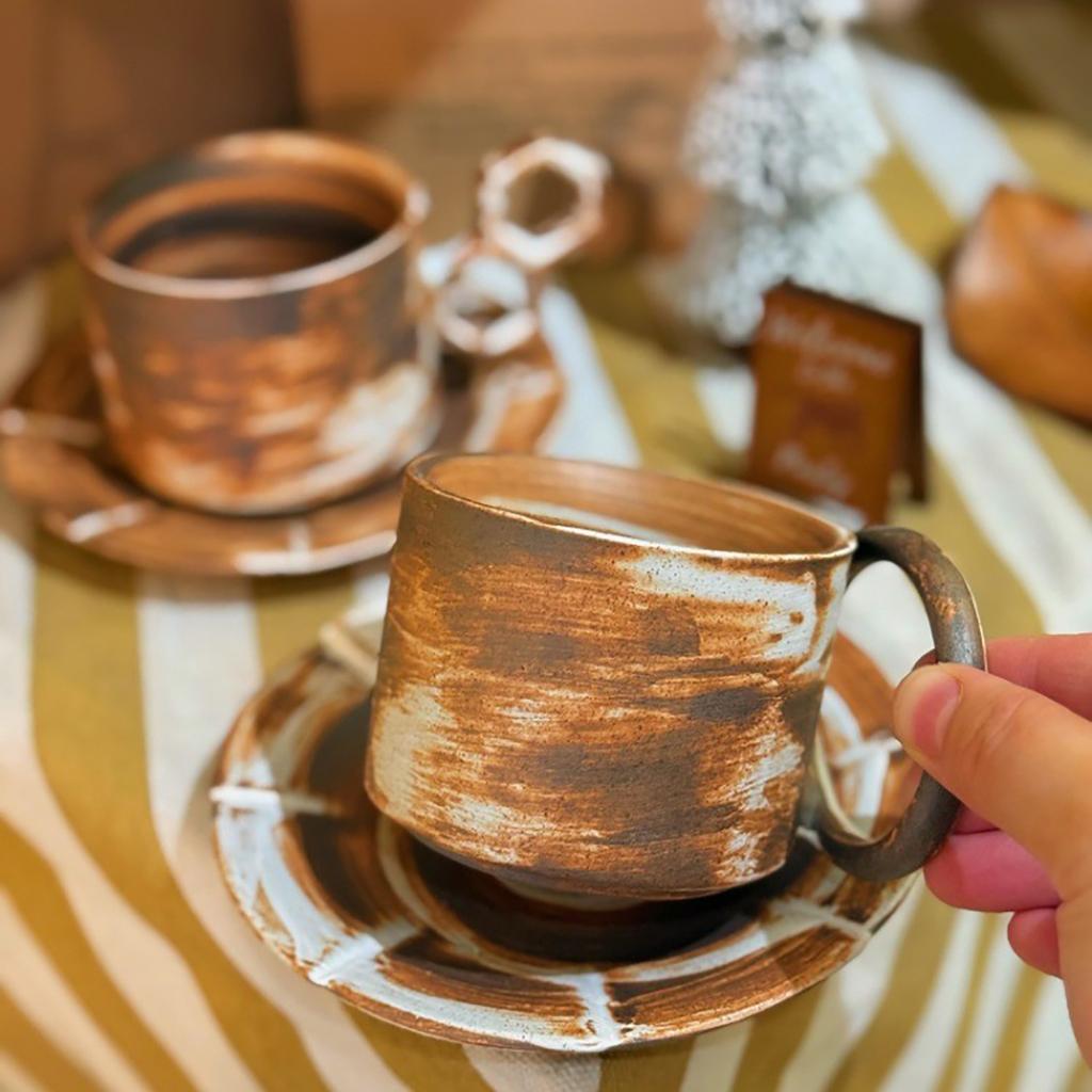Handcrafted Ceramic Coffee Cup and Saucer Set 7.4 Oz Mug with Unique Handle Rustic Glazed Finish Modern Design for Espresso Tea
