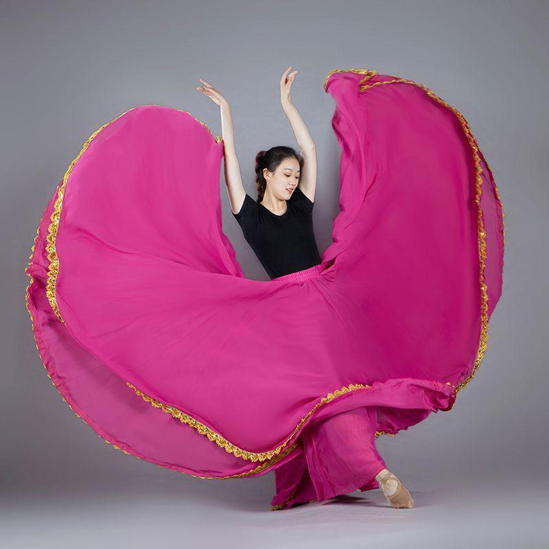 Women's 720 Degree Solid Color Dance Skirt Spanish Flamenco Big Swing High Waist Long Skirt Mexican Dance Performance Costume