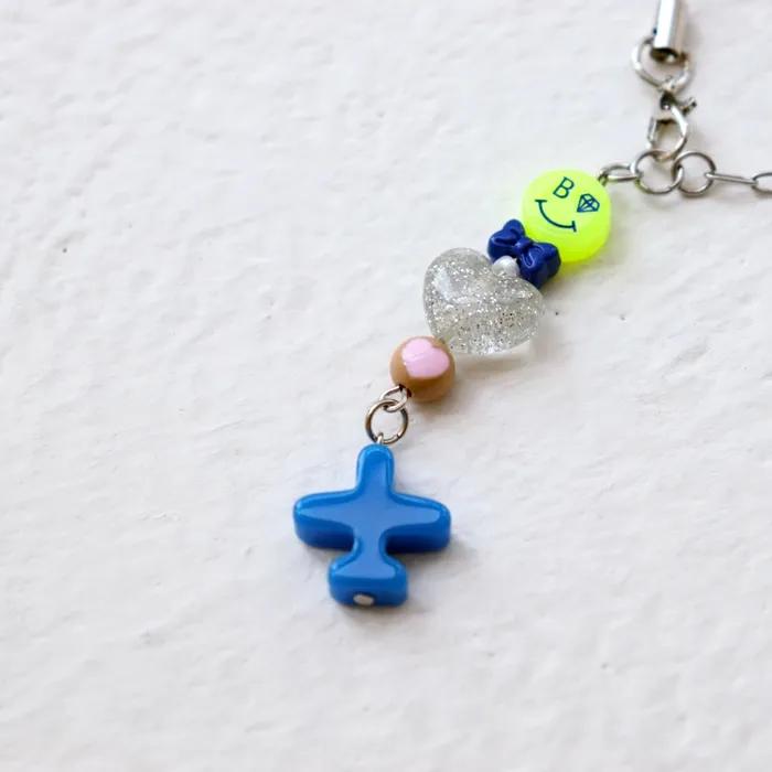 Acrylic Smile & Airplane Phone Charm Strap Beaded Mobile Phone Keyring